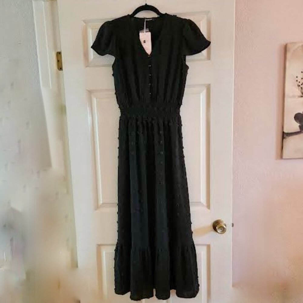 Black Chenille, Ruffle Hem Dress. Size Small